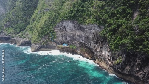 Aerial: Blue stairs cliff adventure access to Pura Segara Kidul, Bali photo