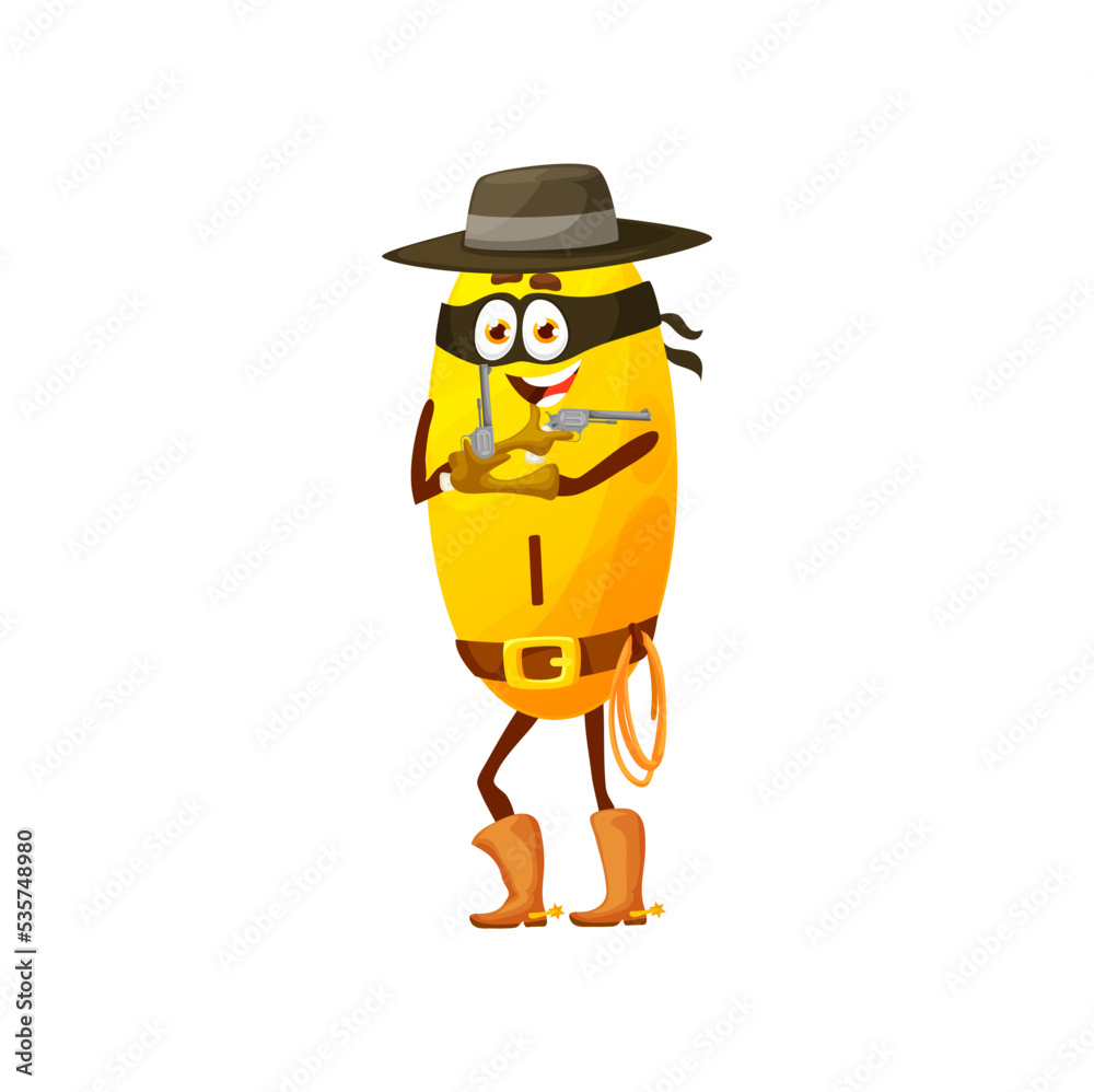 Cartoon iodine robber or bandit micronutrient character. Isolated vector cowboy capsule with revolvers and lasso. Cowpuncher personage wear black hat and mask holding a gun. Wild west hero