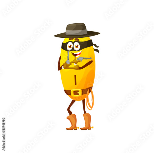 Cartoon iodine robber or bandit micronutrient character. Isolated vector cowboy capsule with revolvers and lasso. Cowpuncher personage wear black hat and mask holding a gun. Wild west hero