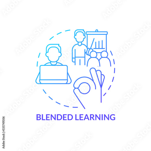 Blended learning blue gradient concept icon. How to organize corporate training abstract idea thin line illustration. Self study and instructor-led. Isolated outline drawing. Myriad Pro-Bold font used