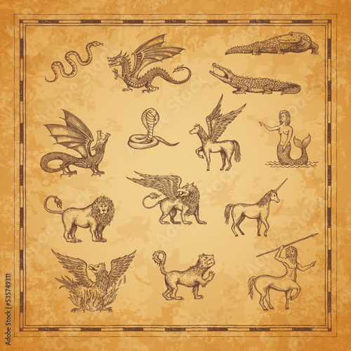 Vintage map characters of unicorn, dragon and pegasus, minotaur, lion, mermaid and crocodile, snake, griffin and werewolf. Vector sketches of mythology animals and monsters of ancient treasure map