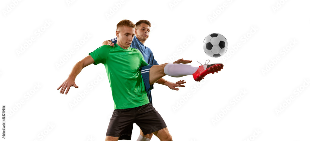 Two soccer players in action, motion on green grass flooring isolated over white background. Concept of global sport, championship, competition, football match