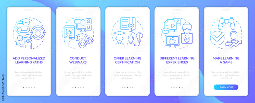 Enhancing corporate e training blue gradient onboarding mobile app screen. Walkthrough 5 steps graphic instructions with linear concepts. UI, UX, GUI template. Myriad Pro-Bold, Regular fonts used
