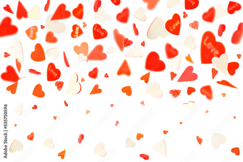 Heart of Valentines petals falling on white background. valentine's day concept Heart of Valentines petals falling on white background. valentine's day concept