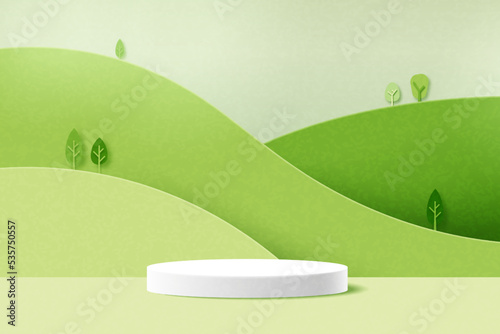 White cylinder podium on green nature mountains landscape.3d Paper cut abstract minimal geometric shape template background.Vector illustration.