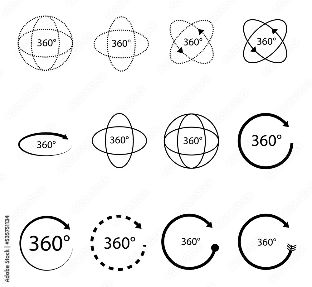 360 degrees vector icon set. Round signs with arrows rotation to 360 degrees. Rotate symbol isolated on white background. Vector illustration.
