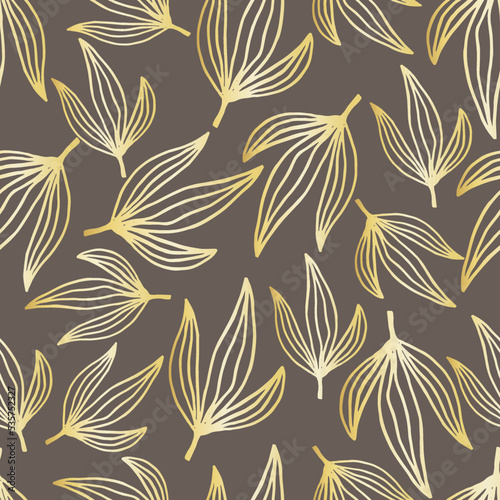 Nature golden leaves line arts on brown background vector. Floral seamless pattern, golden leaves line arts