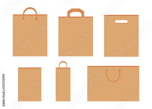 Paper bag with handle template of shopping set. Brown craft paper pack for gift, food, item. Shop, supermarket packets, retail packaging. Take Away, delivery in eco bag. Mockups front view. Vector