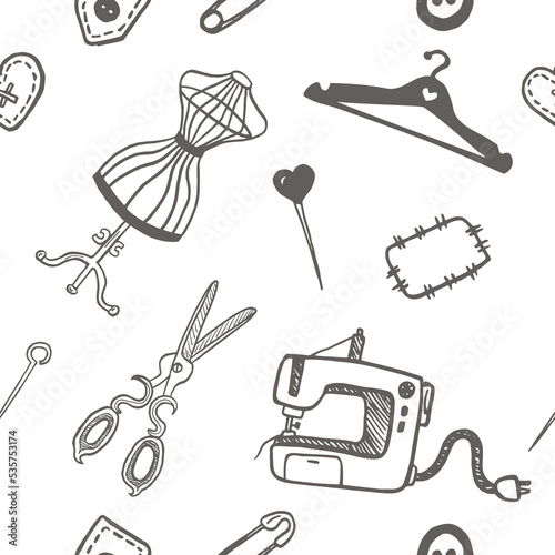 Seamless pattern set of accessories for sewing and handmade with dressmaking accessories.