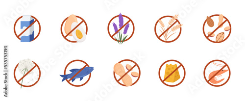 Allergens in red crossed circles icons set