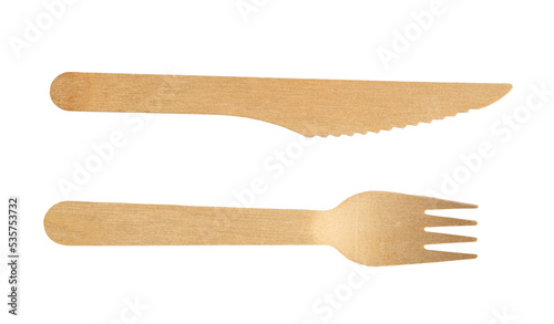 Disposable wooden knife and fork isolated on transparent.