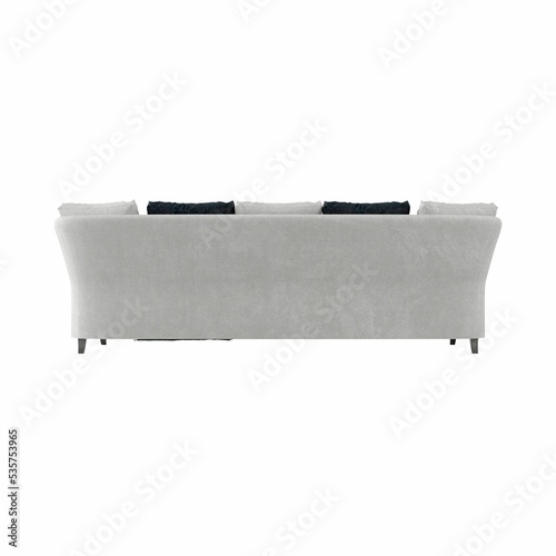 3D rendering of a modern sofa with pillows from behind on a white background