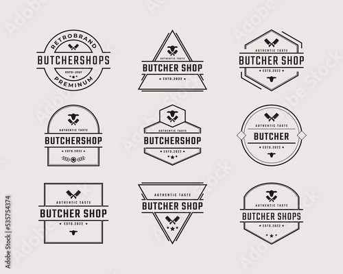 Vintage Retro Badge Emblem Crossed Cleaver Knife with Angus Head for Butcher shop Logo Design Linear Style