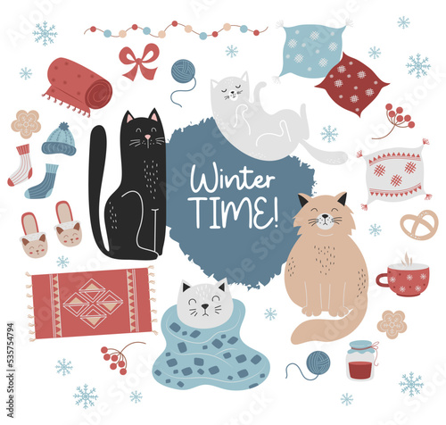 Collection cozy winter time. Cute cats and things. Vector isolated colored elements - pillow, pet, jam and cookies, socks, blanket and carpet and decor ornaments for winter-time design