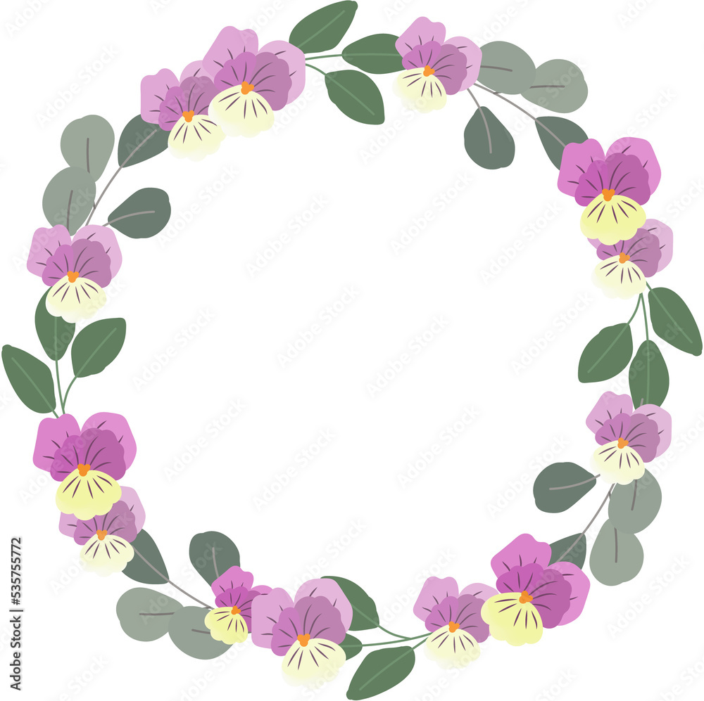 blooming viola or pansy flower wreath with golden frame flat style blooming viola or pansy flower wreath with golden frame flat style