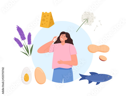 Woman sneezing and allergens around