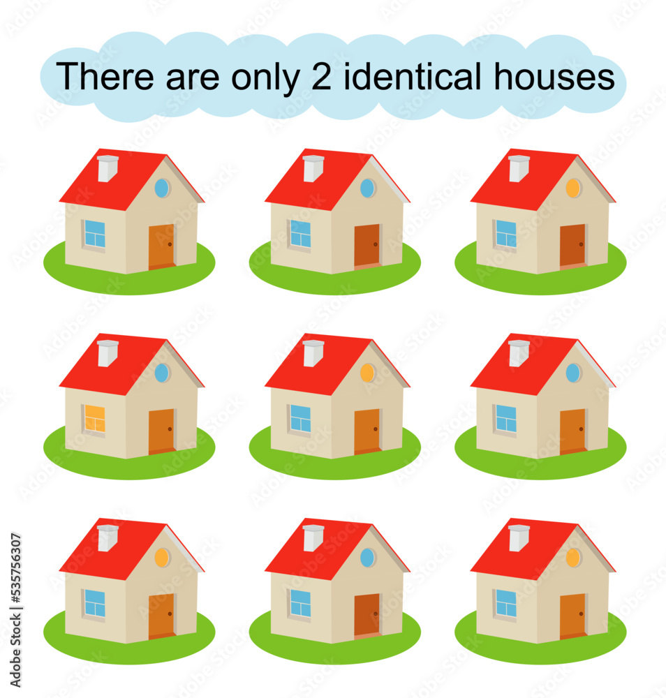 Fun puzzle game for kids. Need to find two identical houses. Task for development of attention and logic. Vector illustration Fun puzzle game for kids. Need to find two identical houses. Task for development of attention and logic. Vector illustration