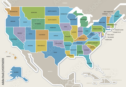 アメリカ合衆国の地図　50州色分け　州名入り　北アメリカ