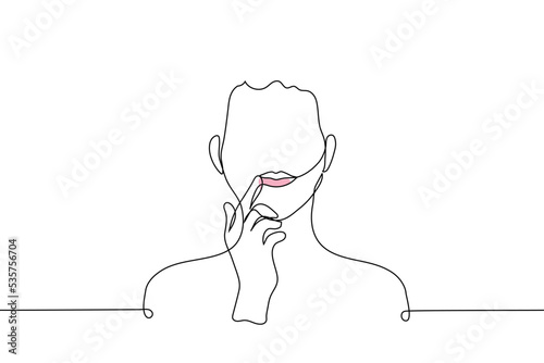 woman smears balm on her lips with her finger - face line art vector. the concept of natural cosmetics, lip balm, beauty treatments