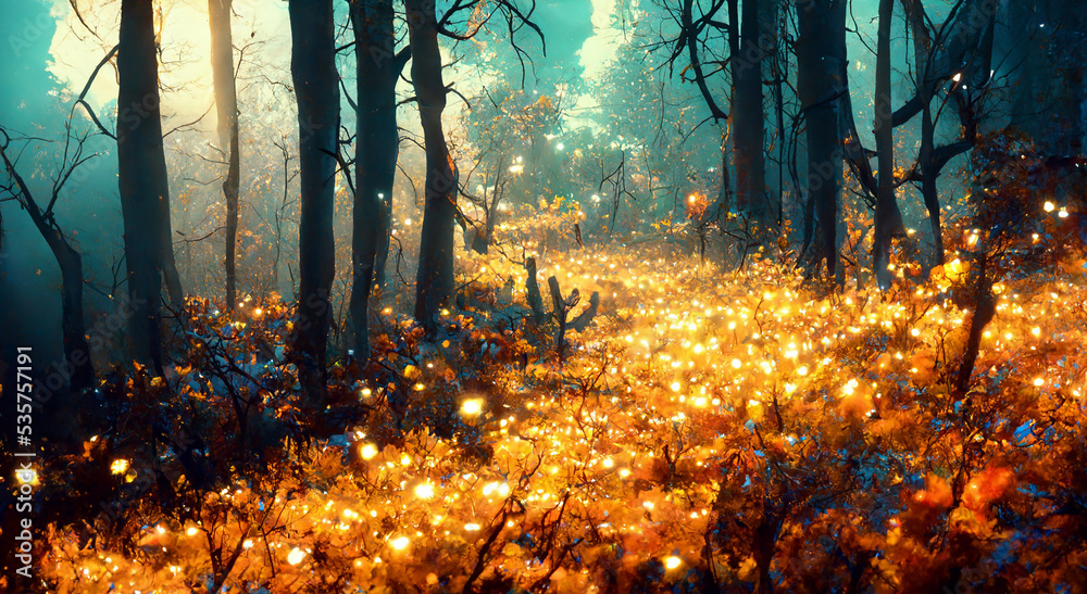 colorful Very beautiful fall forest at night with an epic fall foliage.  wallpaper background. Magical dark fairy tale forest at night with glowing  lights and fog und flying particles Stock Illustration |