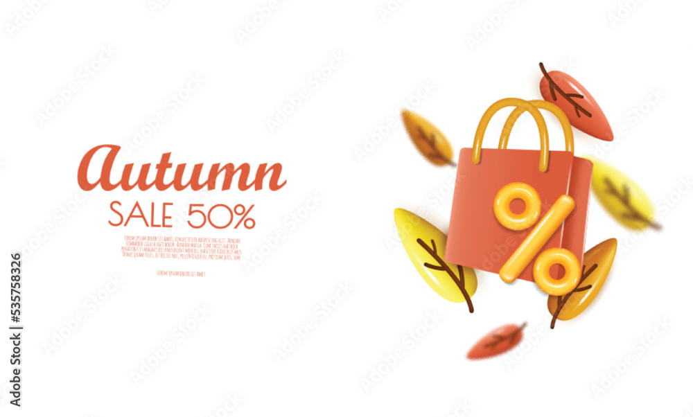 Autumn sale background with leaves, shopping bag, gift box, percent symbol. 3D illustration Autumn sale background with leaves, shopping bag, gift box, percent symbol. 3D illustration
