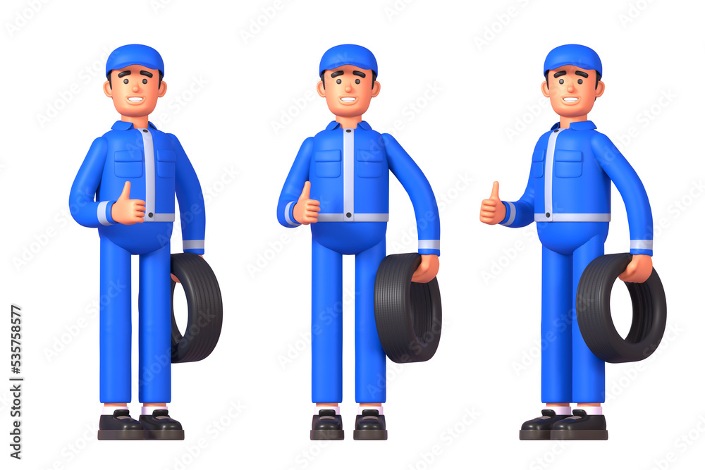 3d render of cheerful car repairman or mechanic holding car wheel and showing thumb up gesture 3d render of cheerful car repairman or mechanic holding car wheel and showing thumb up gesture