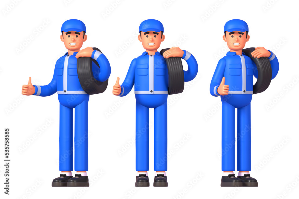 3d render of cheerful car repairman or mechanic holding car wheel and showing thumb up gesture 3d render of cheerful car repairman or mechanic holding car wheel and showing thumb up gesture
