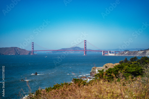 Golden gate bridge from lands end trail deadman's point on a bright sunny day. Travelling in the usa NoCal California Nature travel landscape background