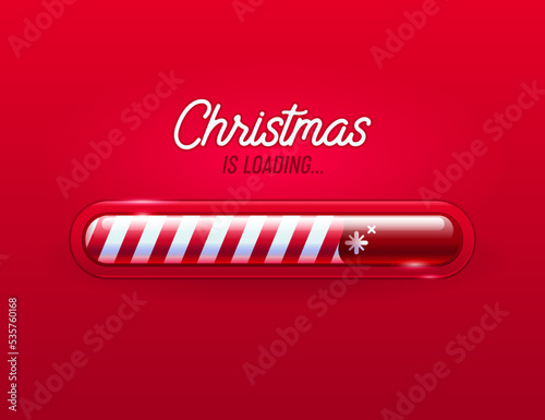 Progress bar christmas invitation xmas loading element on red background. Red progress bar for reaching the new year