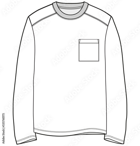 mens long sleeve crew neck t shirt with pocket fashion flat sketch vector illustration.