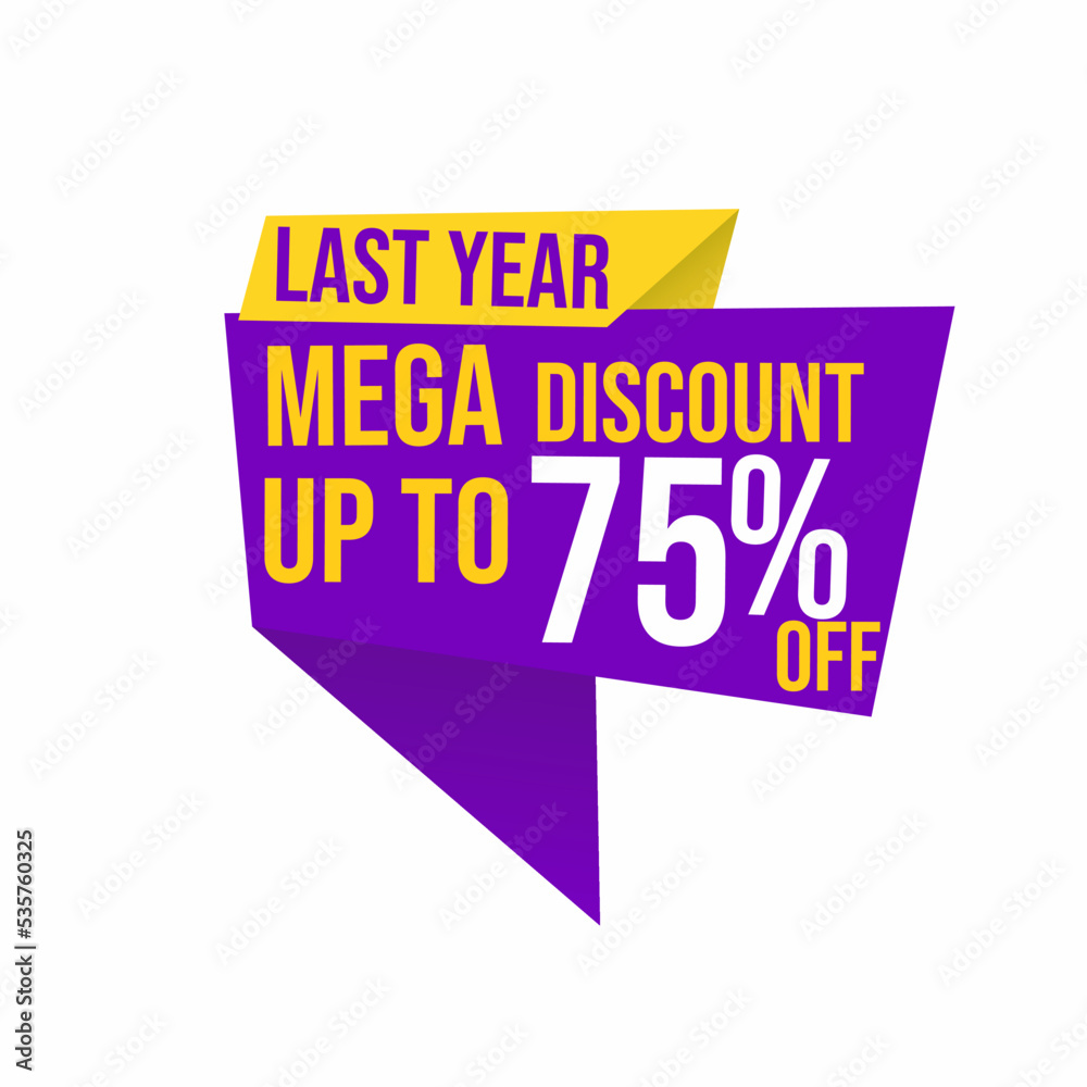 mega discount up to 75 percent last year with floating ribbon banner for promotions and offers.