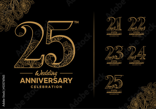 wedding celebration icon logo set decorated with gold color flowers on black background, 21, 22, 23, 24, 25