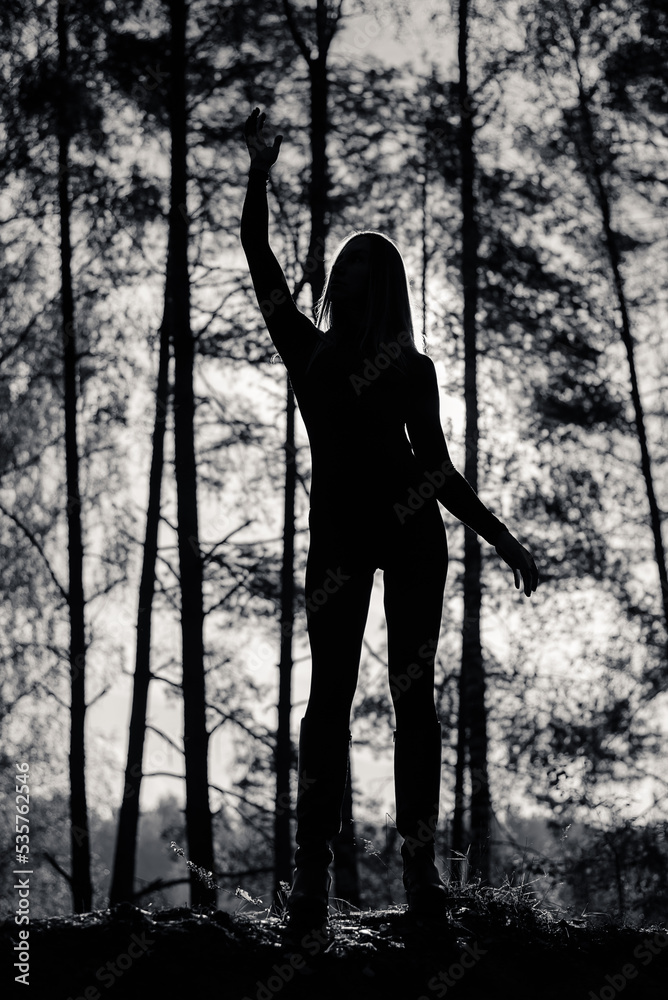 Silhouette of a Girl with a beautiful body in the Forest