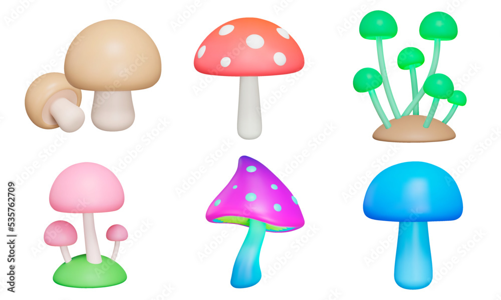 Mushroom 3d icon set. Various mushrooms. Isolated icons, objects on a transparent background Mushroom 3d icon set. Various mushrooms. Isolated icons, objects on a transparent background