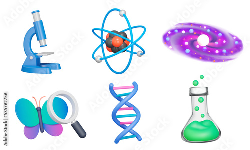 Science 3d icon set. Study and knowledge. Physics, chemistry, biology, astronomy. Sciences. Isolated icons, objects on a transparent background