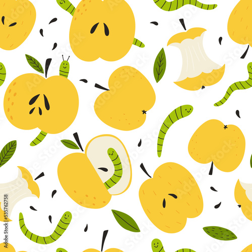 Fototapeta Naklejka Na Ścianę i Meble -  Seamless pattern with worms and apples. Summer cute colorful background in cartoon style. Hand drawn design for textiles, clothing, bed linen, office supplies.