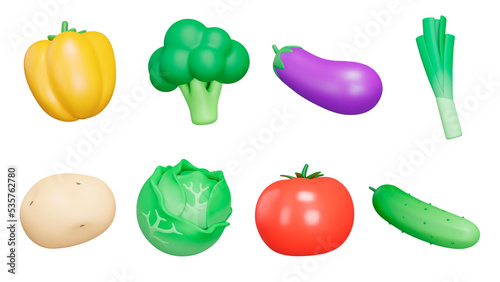 Vegetables 3d icon set. Bell pepper, broccoli, eggplant, leeks, potatoes, cabbage, tomato, cucumber. Isolated icons, objects on a transparent background