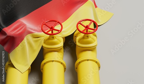 Germany flag covering an oil and gas fuel pipe line. Oil industry concept. 3D Rendering