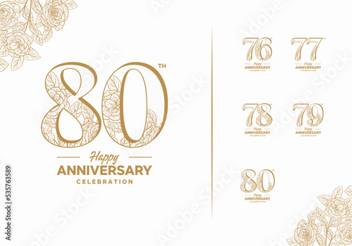 birthday celebration icon logo set decorated with gold color flowers on white background, 76, 77, 78, 79, 80