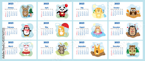 The concept of a children's calendar for 2023 with cute characters on all pages is a set with adorable animals