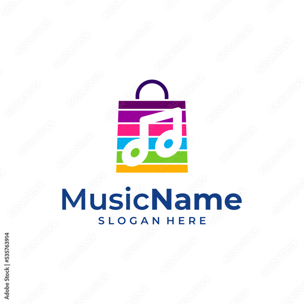 Music shopping store bag logo illustration template. Shop music logo design concept vector Music shopping store bag logo illustration template. Shop music logo design concept vector