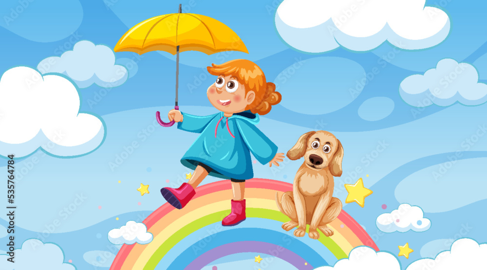 A girl standing on rainbow with her dog
