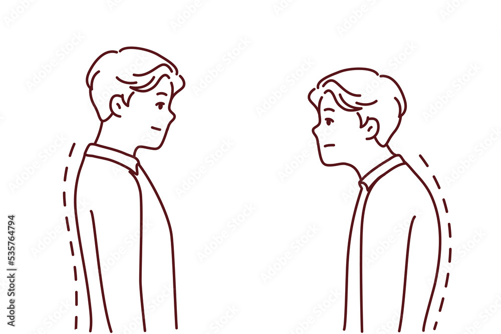 Comparison of man with good and bad back posture. Male suffer from scolisosis from sedentary work. Vector illustration. Comparison of man with good and bad back posture. Male suffer from scolisosis from sedentary work. Vector illustration.