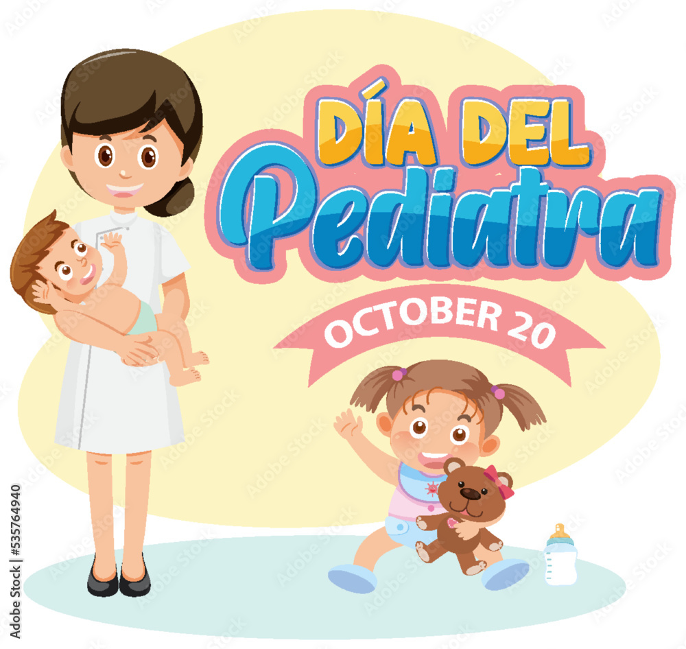 Día del Pediatra text with cartoon character Día del Pediatra text with cartoon character