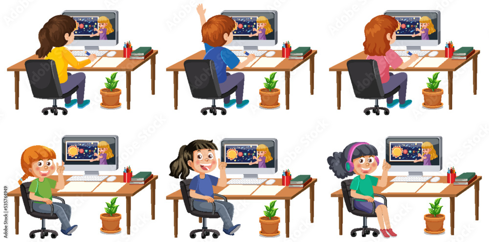 Set of different kids using computer Set of different kids using computer
