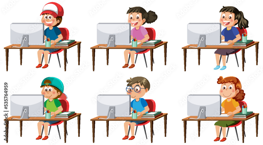 Set of different kids using computer