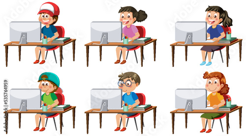 Set of different kids using computer © brgfx
