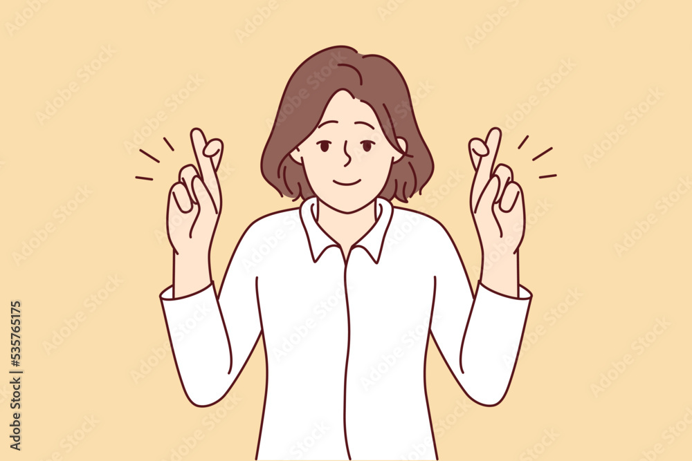 Smiling young woman cross fingers make wish. Happy female do hand gesture ask or hope for best. Vector illustration.