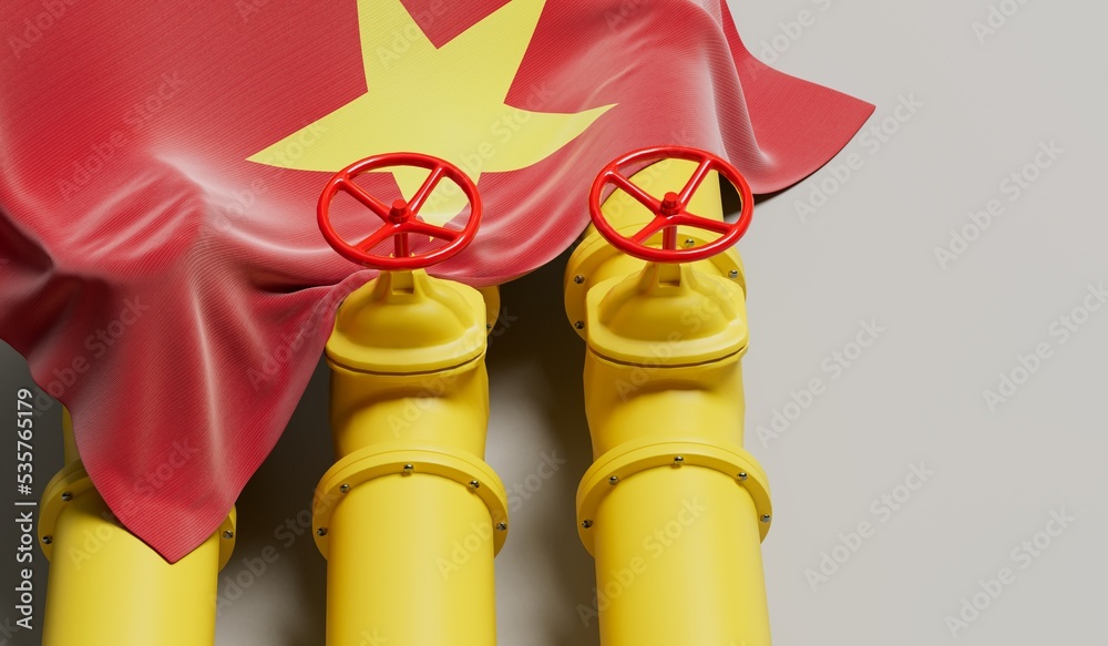 Vietnam flag covering an oil and gas fuel pipe line. Oil industry concept. 3D Rendering
