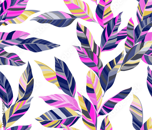 Striped leaves tree branches vector seamless pattern summer fasion textile pr...